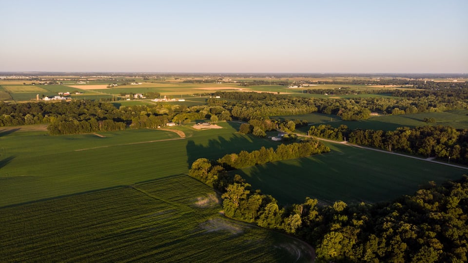 An aerial view of a rural landscape with fields, trees, and scattered buildings.