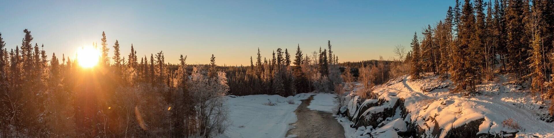 A snow-covered river flowing through a forest with the sun setting in the background.