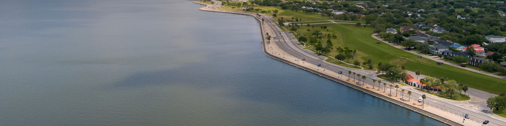 aerial shot along the coast of Lake Pontchartrain with homes, lush green trees, plants and grass, rippling water, powerful clouds at sunset in New Orleans Louisiana USA