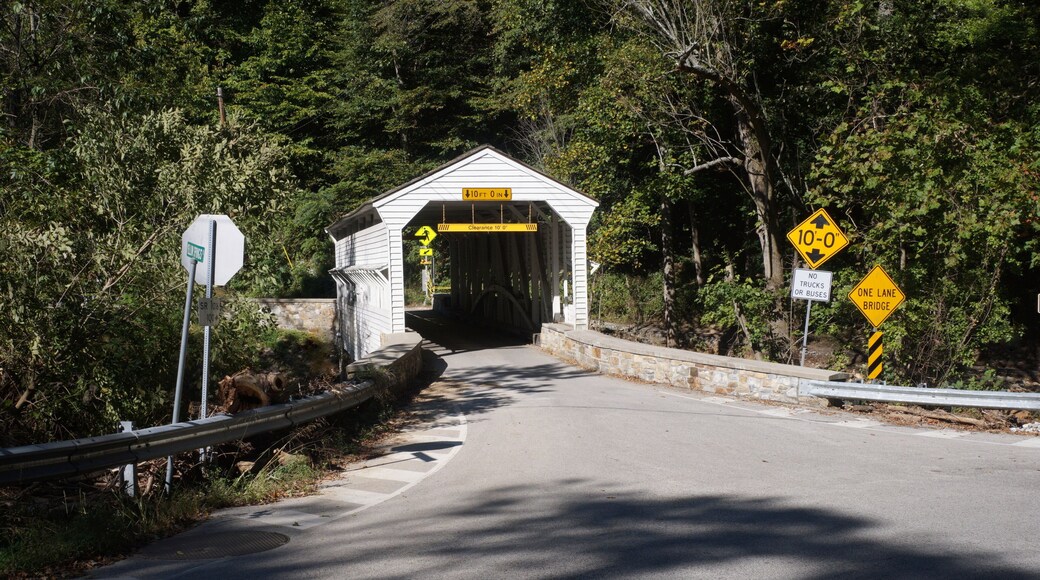 White Wooden Covered Bridge with Greenery in Sunlight