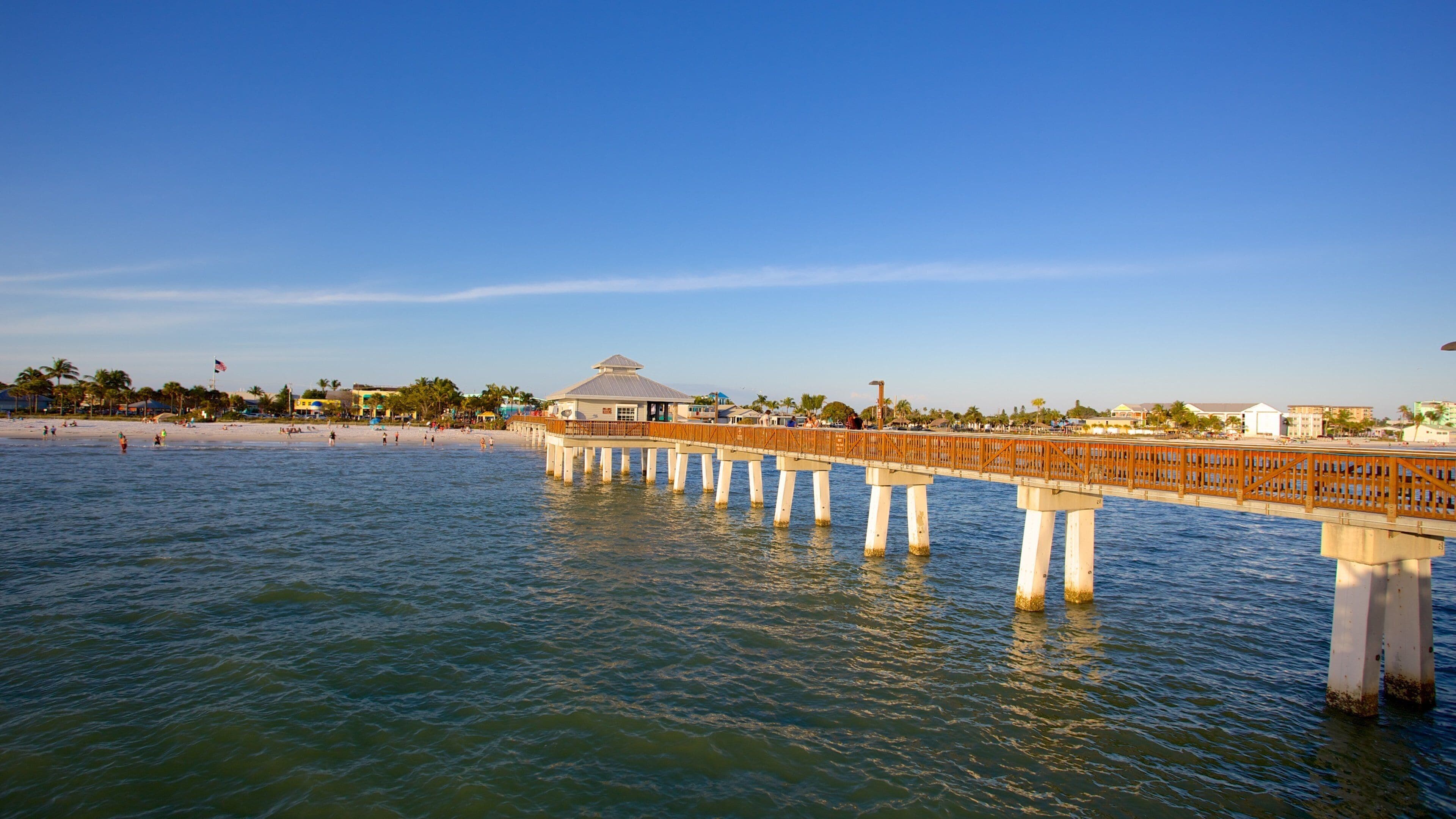 A pier extending over calm water, a beach with people, and palm trees in the background.
