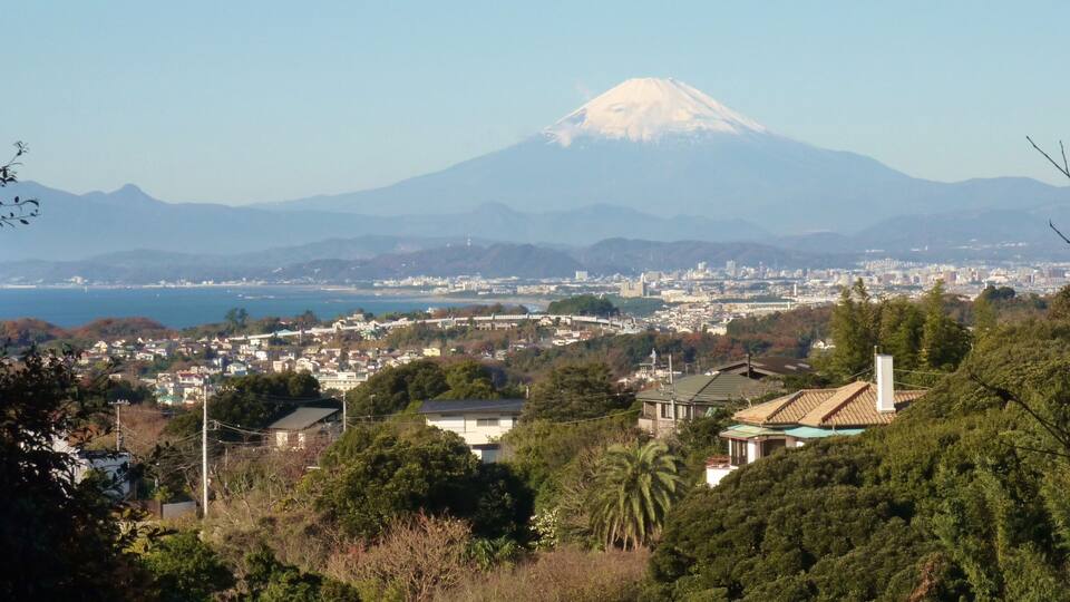 A cityscape with a prominent snow-capped mountain in the background.