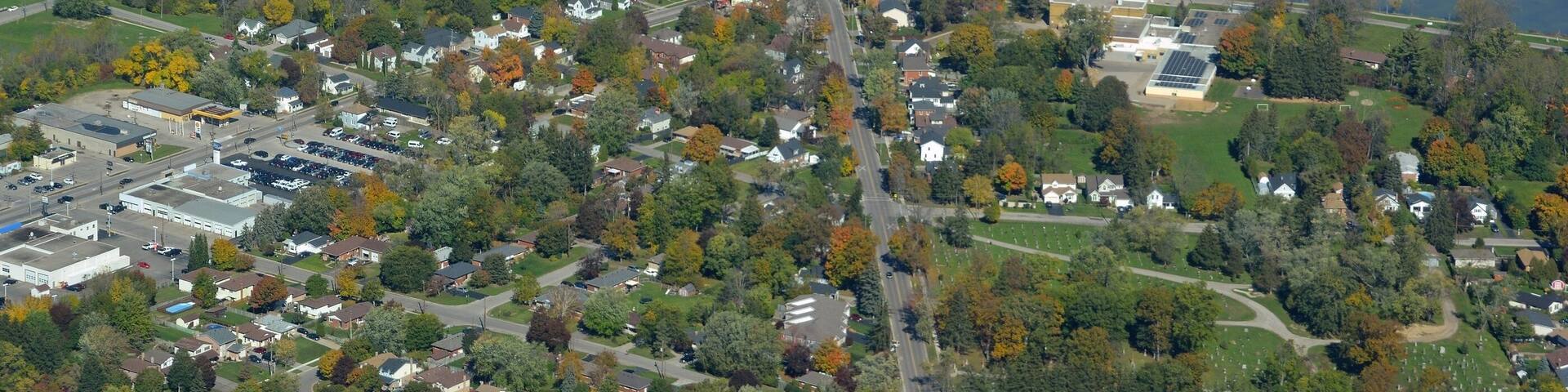aerial view of Caledonia, with view of the Grand River and the Bow-String Arch Bridge; the only nine span bridge of its kind in Canada. Haldimand County Ontario Canada
