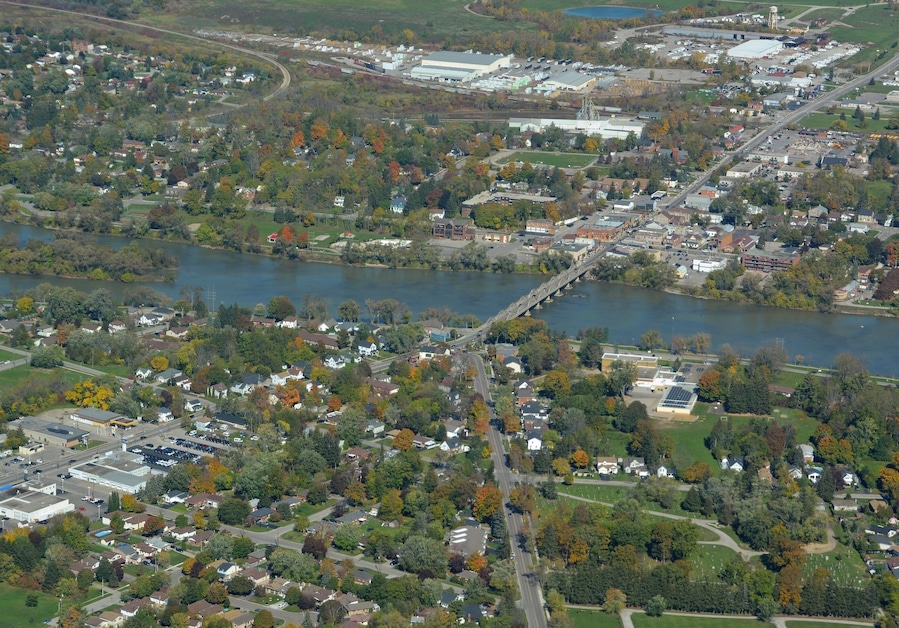 aerial view of Caledonia, with view of the Grand River and the Bow-String Arch Bridge; the only nine span bridge of its kind in Canada. Haldimand County Ontario Canada