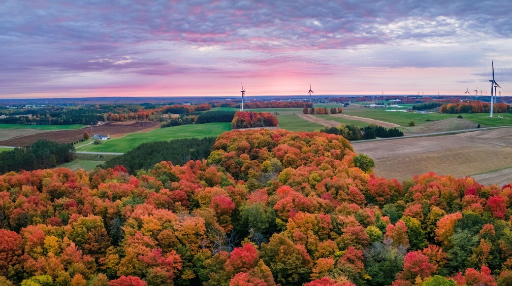 Autumn sunrise with wind turbines in central Michigan farmland near Cadillac Michigan