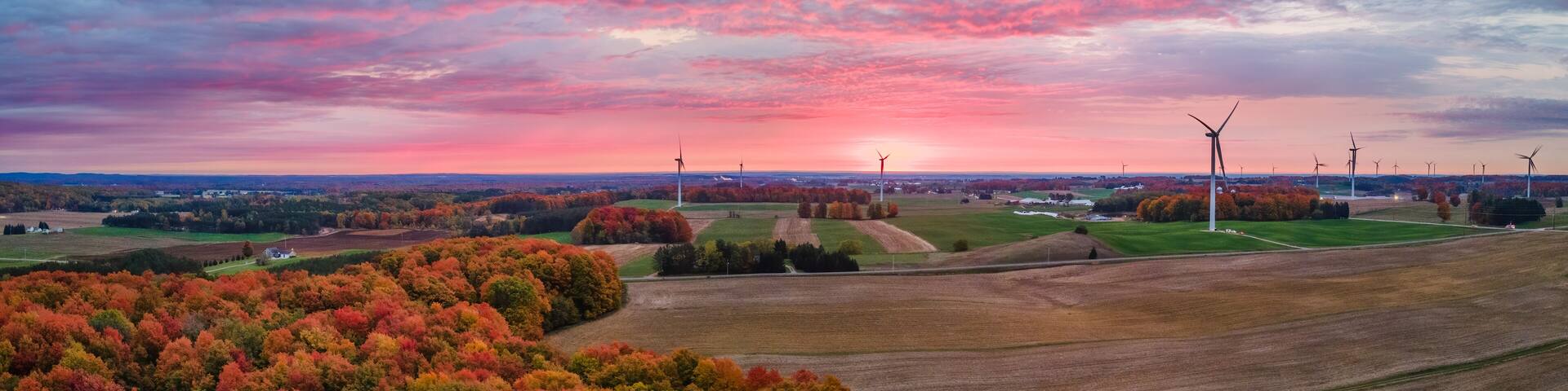 Autumn sunrise with wind turbines in central Michigan farmland near Cadillac Michigan