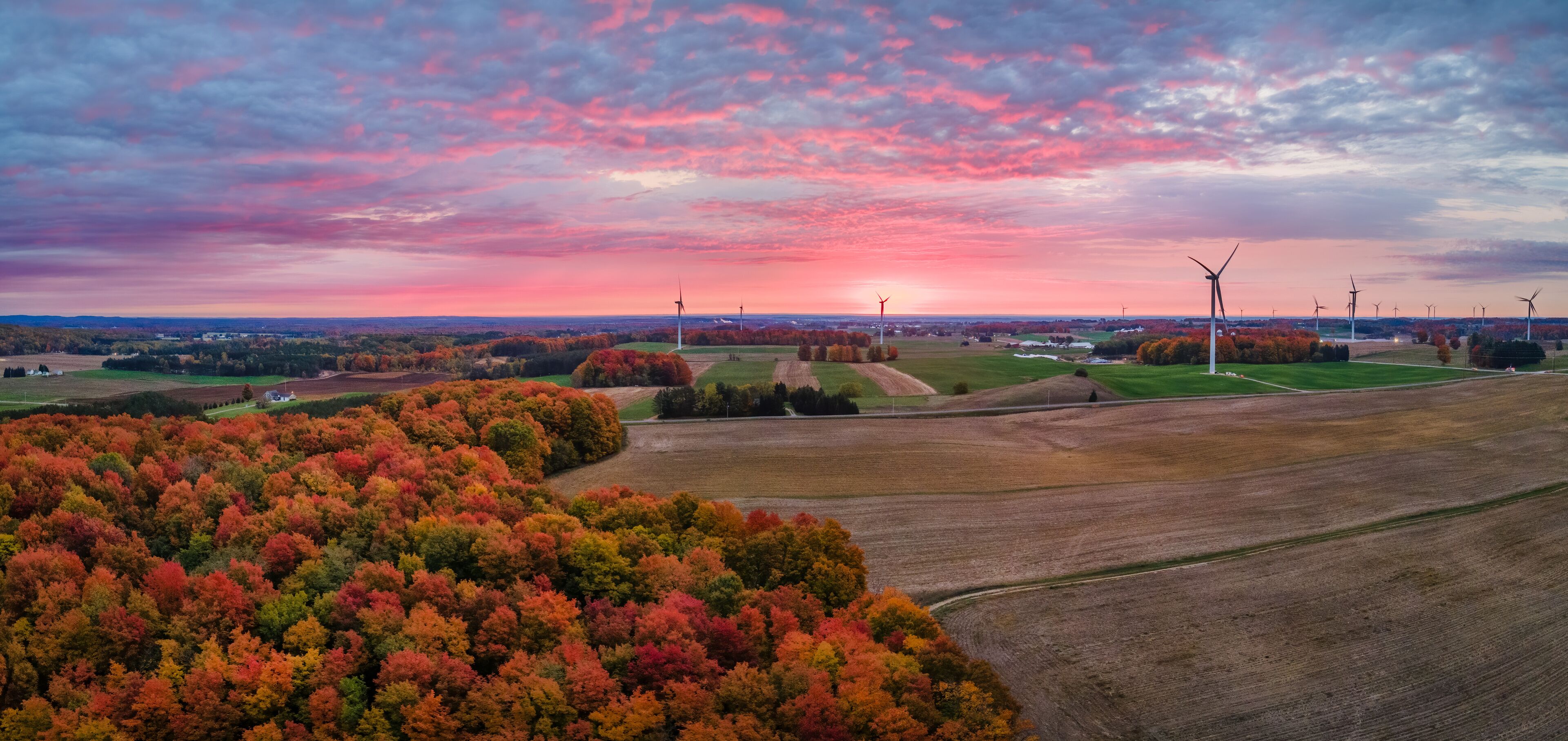A landscape with autumn foliage, wind turbines, and a sunset.