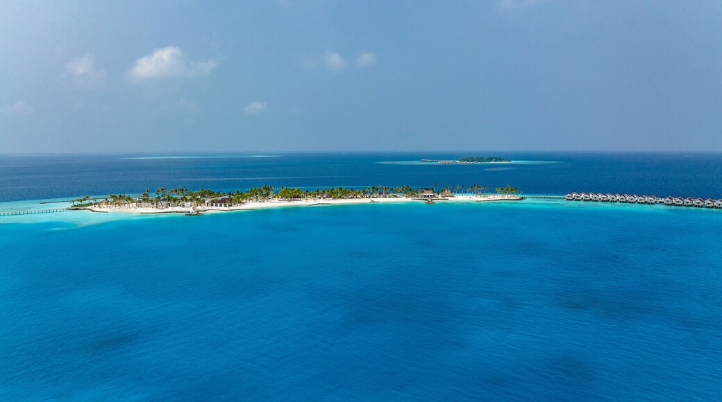 Aerial View, Maldives, North Malé Atoll, Indian Ocean, the newly built OBLU XPERIENCE Ailafushi Resort and the OBLU SELECT Lobigili Resort