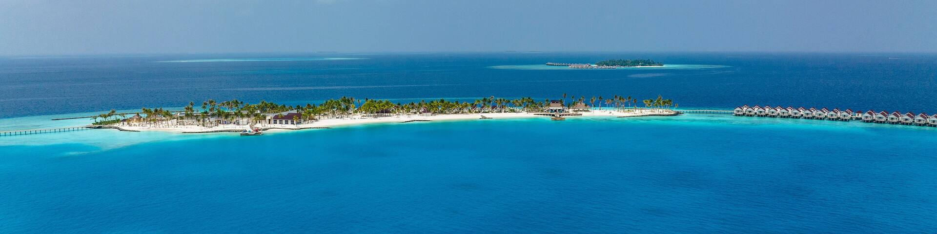 Aerial View, Maldives, North Malé Atoll, Indian Ocean, the newly built OBLU XPERIENCE Ailafushi Resort and the OBLU SELECT Lobigili Resort