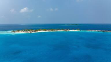 Aerial View, Maldives, North Malé Atoll, Indian Ocean, the newly built OBLU XPERIENCE Ailafushi Resort and the OBLU SELECT Lobigili Resort