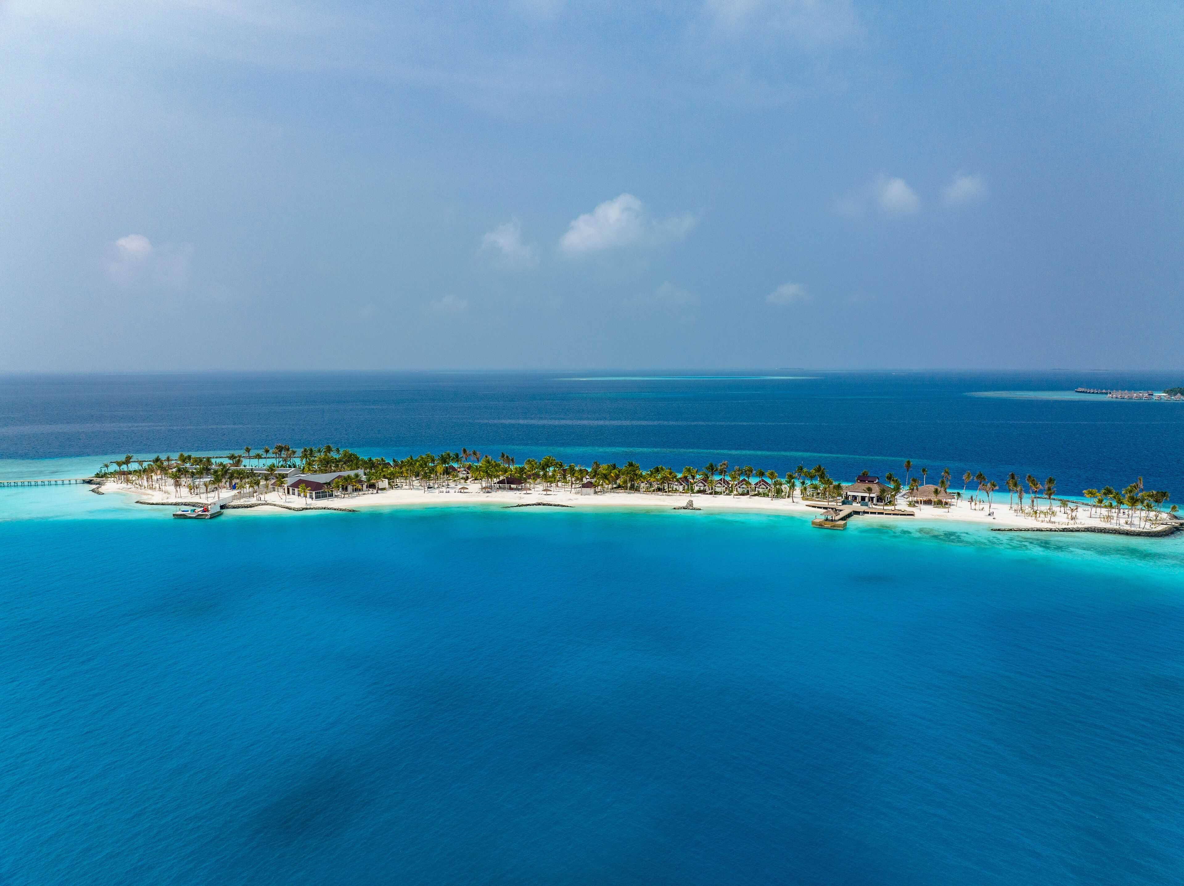 Aerial View, Maldives, North Malé Atoll, Indian Ocean, the newly built OBLU XPERIENCE Ailafushi Resort and the OBLU SELECT Lobigili Resort