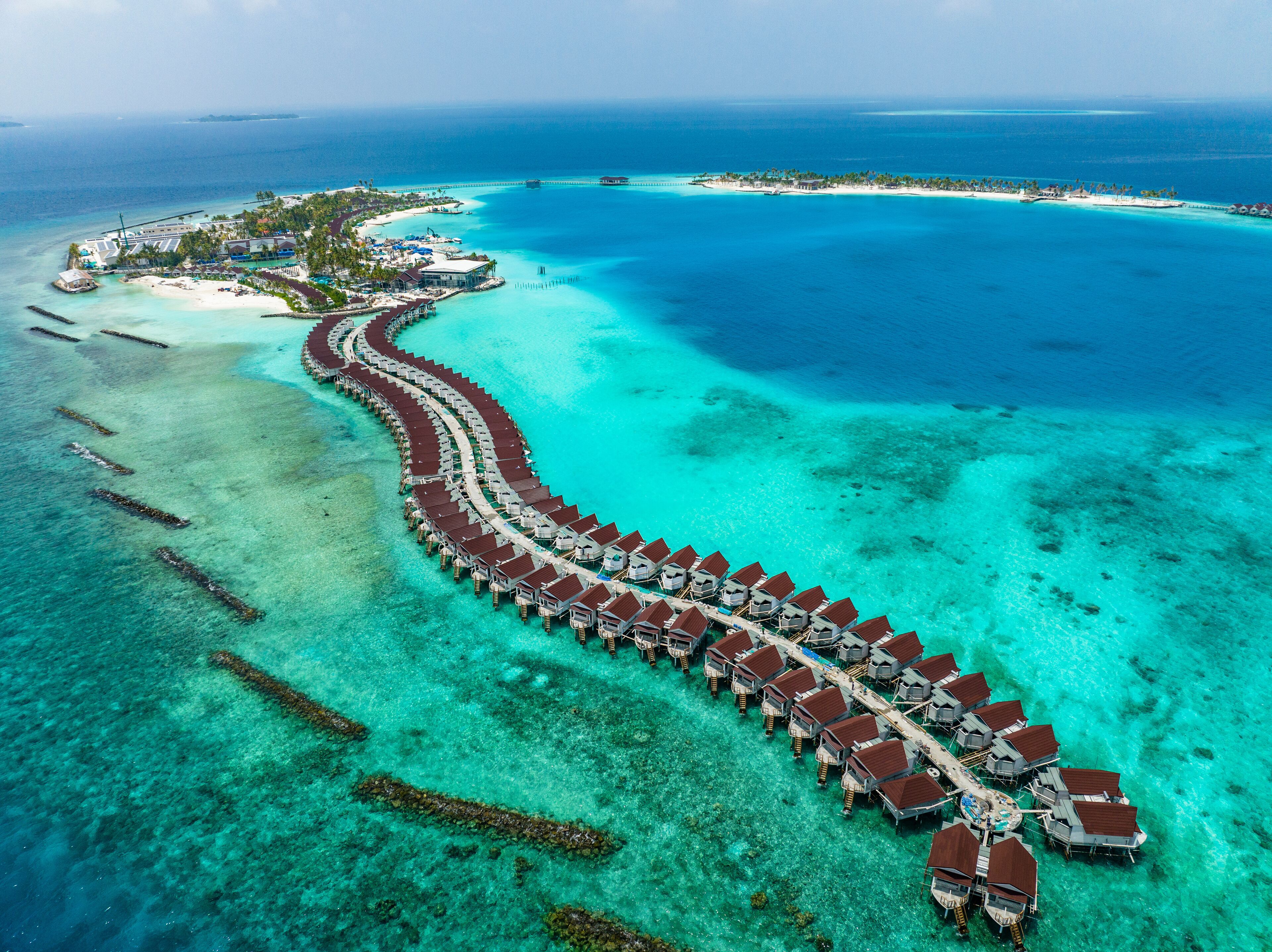 Aerial View, Maldives, North Malé Atoll, Indian Ocean, the newly built OBLU XPERIENCE Ailafushi Resort and the OBLU SELECT Lobigili Resort