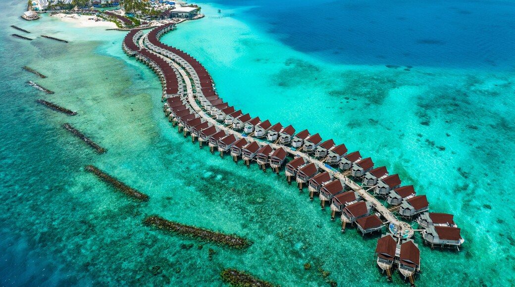 Aerial View, Maldives, North Malé Atoll, Indian Ocean, the newly built OBLU XPERIENCE Ailafushi Resort and the OBLU SELECT Lobigili Resort