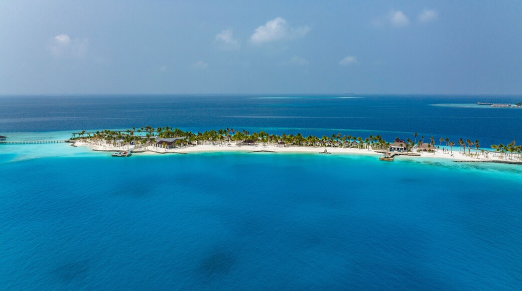 Aerial View, Maldives, North Malé Atoll, Indian Ocean, the newly built OBLU XPERIENCE Ailafushi Resort and the OBLU SELECT Lobigili Resort