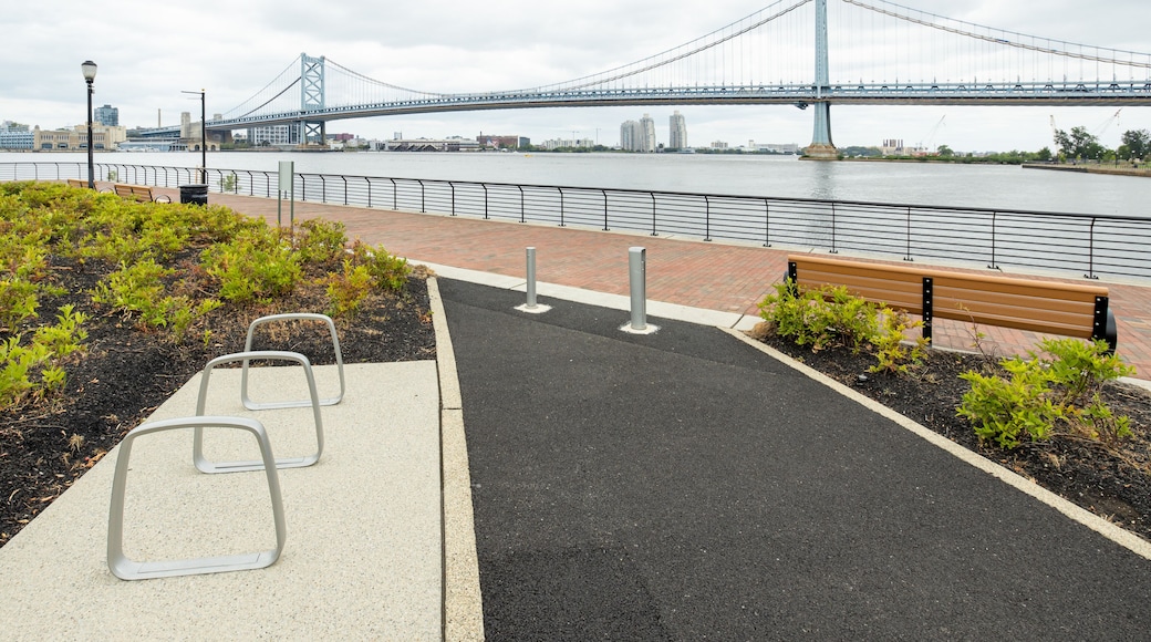 Walking path through the plants and grasses growing at RCA Pier Park on the Camden Waterfront, New Jersey, USA, with the Benjamin Franklin Bridge in the distance
