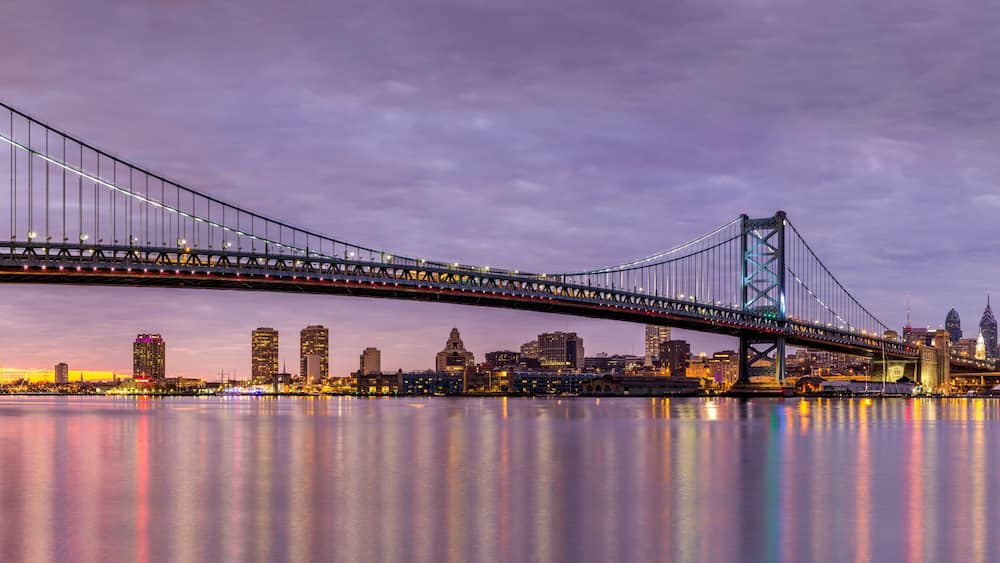 A large suspension bridge spanning a body of water with a city skyline in the background.
