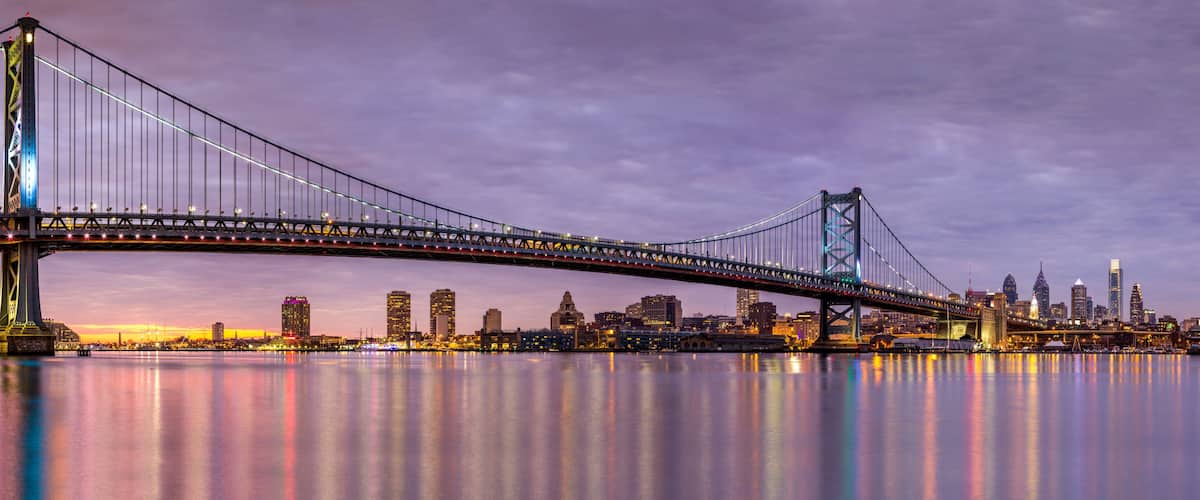 A large suspension bridge spanning a body of water with a city skyline in the background.