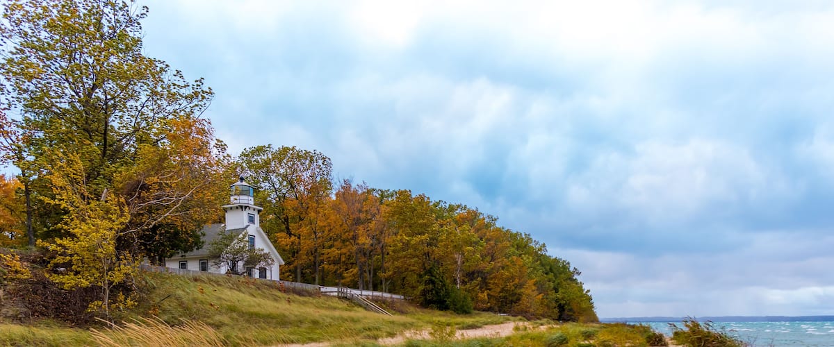 The beach at Old Mission Point Lighthouse near Traverse City, Michigan on an autumn day.