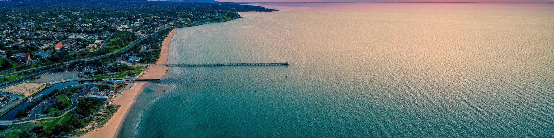 Aerial panorama of beautiful sunset over Frankston waterfront in Melbourne, Australia