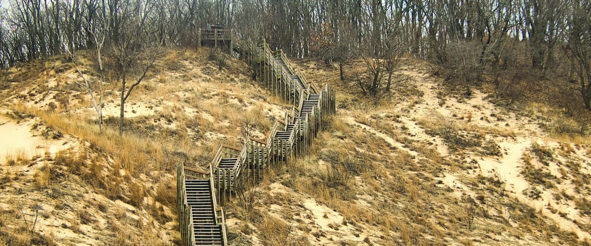 A wooden staircase ascending a sandy hill with sparse vegetation.