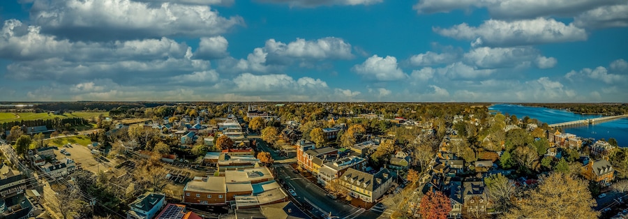 Aerial summer view of colonial Chestertown on the Chesapeake Bay in Maryland USA