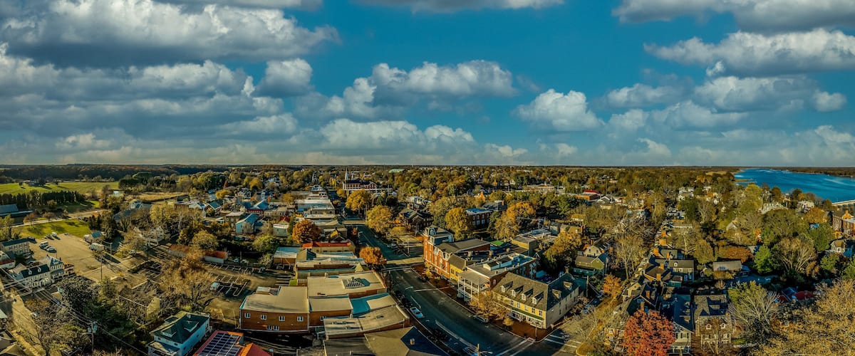Aerial summer view of colonial Chestertown on the Chesapeake Bay in Maryland USA