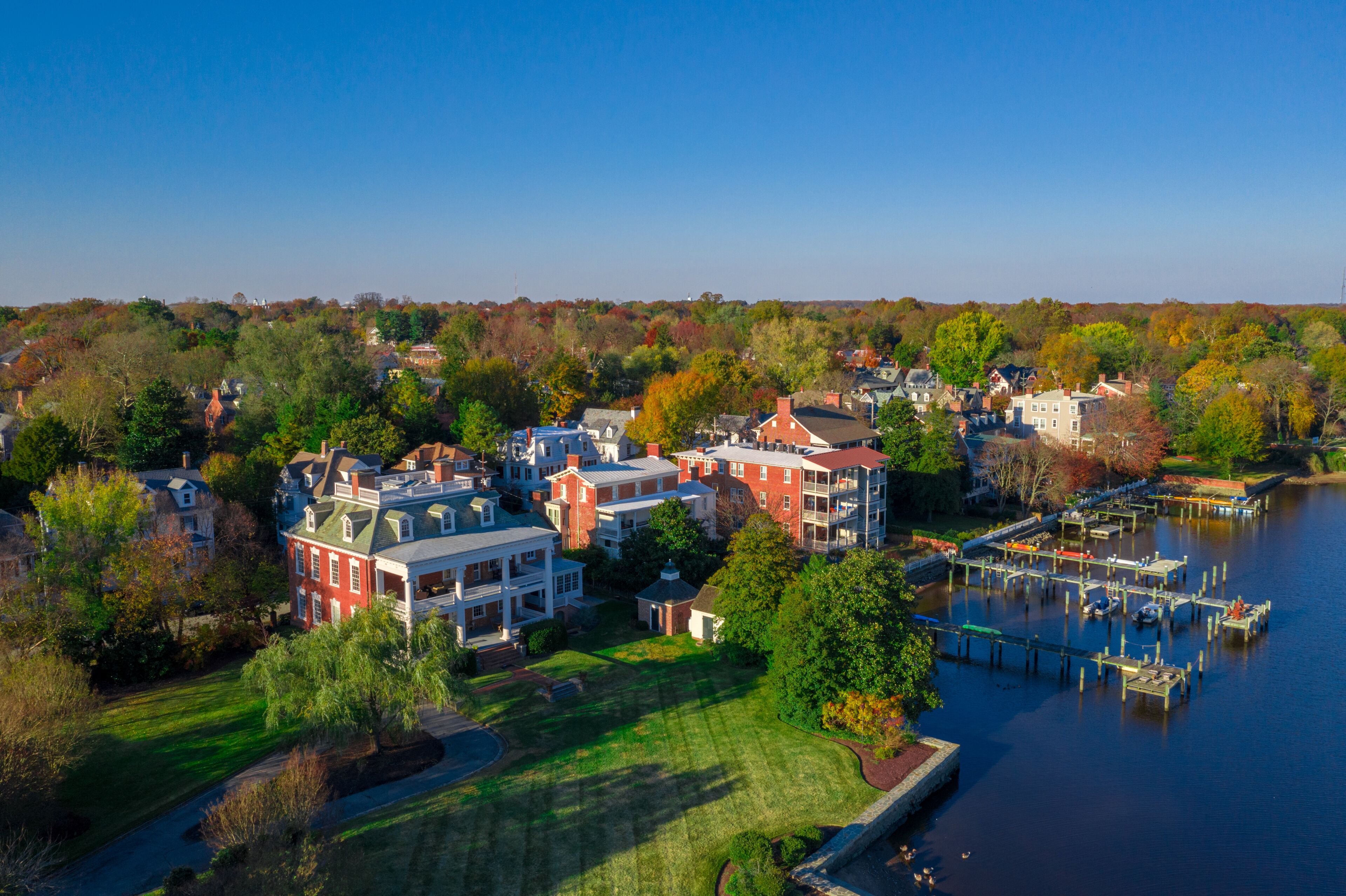 Aerial view of historic chestertown near annapolis situated on the chesapeake bay during an early november afternoon