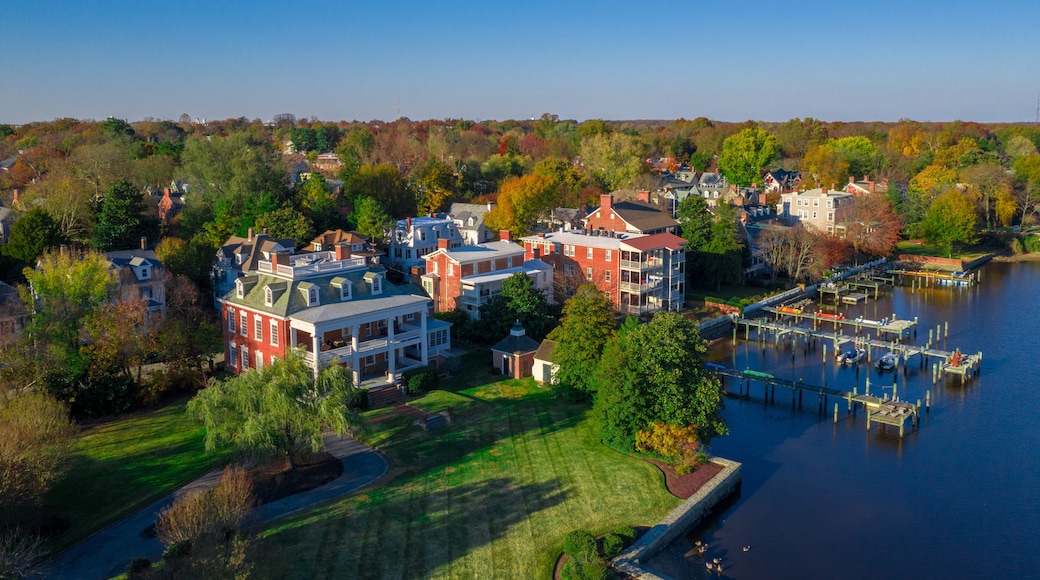 Aerial view of historic chestertown near annapolis situated on the chesapeake bay during an early november afternoon