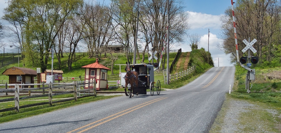 A rural road with a horse-drawn carriage, a small wooden building, and a railroad crossing.