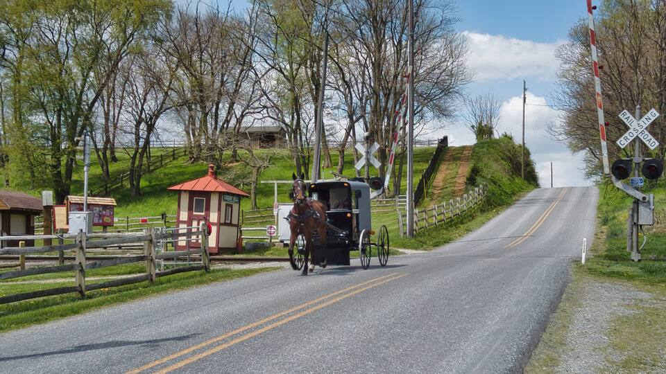 A rural road with a horse-drawn carriage, a small wooden building, and a railroad crossing.