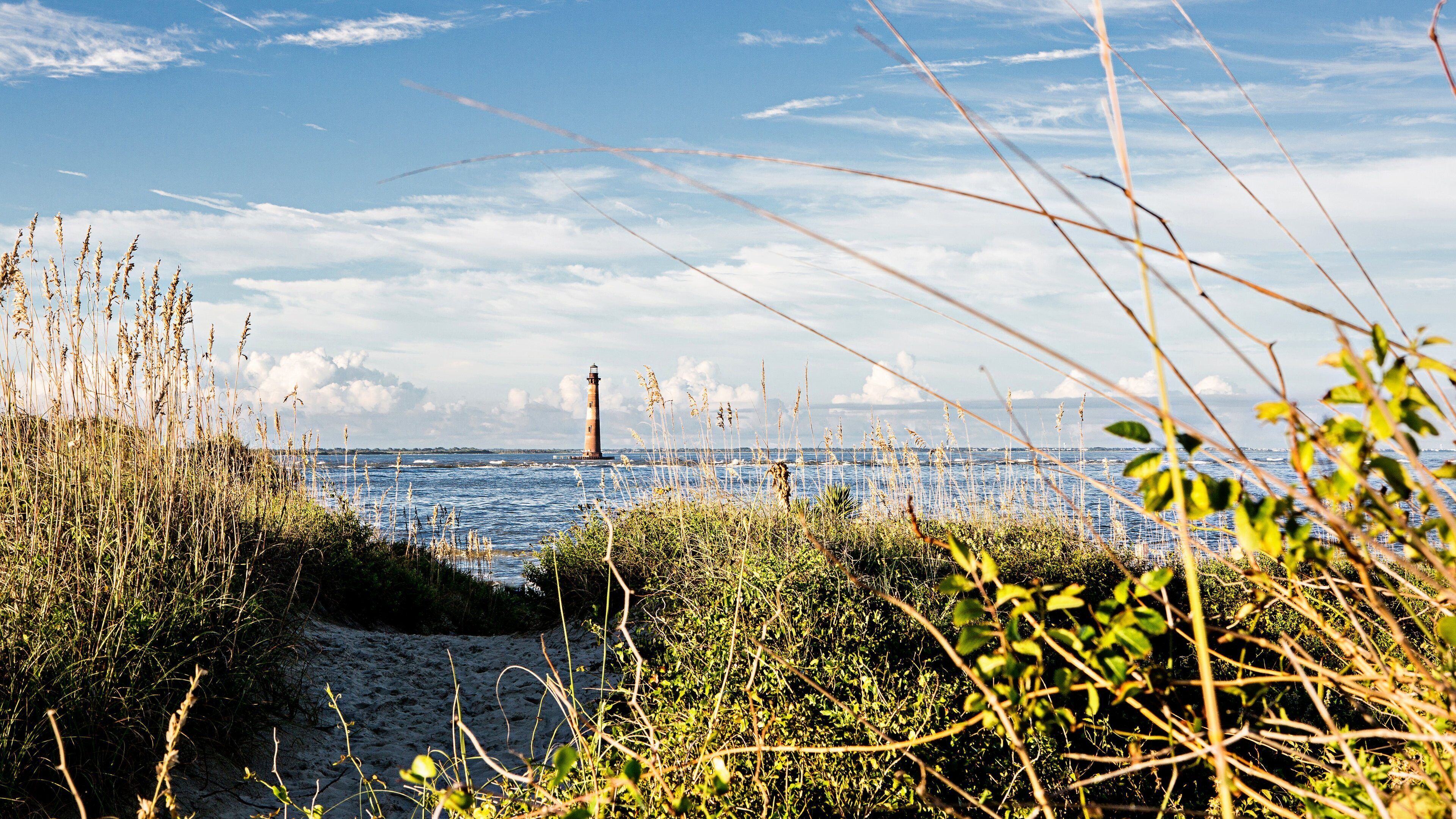 Folly Beach which includes a lighthouse and general coastal views