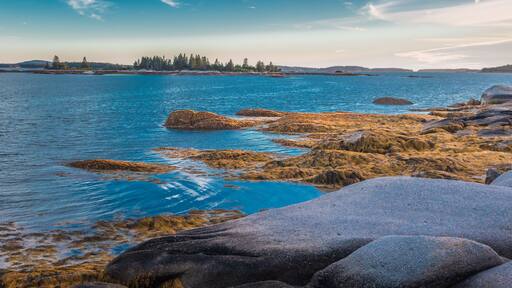 A coastal landscape with large boulders, calm water, and a forested shoreline.