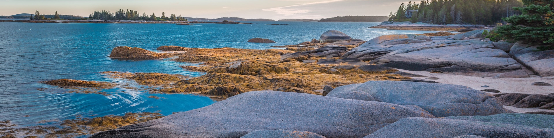 Un paisaje costero con grandes rocas, agua tranquila y una costa arbolada.