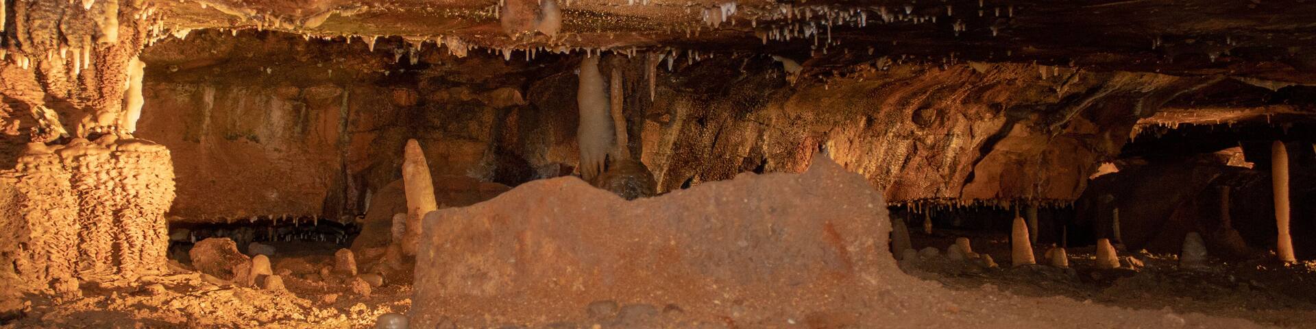 View of the colorful rock formations inside the Ohio Caverns in West Liberty, Ohio. USA
