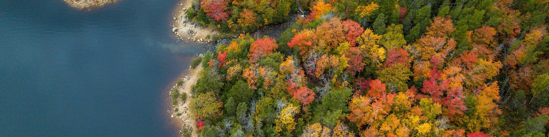 Stunning aerial views of Long Lake Park, Halifax, Nova Scotia, Canada during peak fall/autumn season with mixed color deciduous trees.