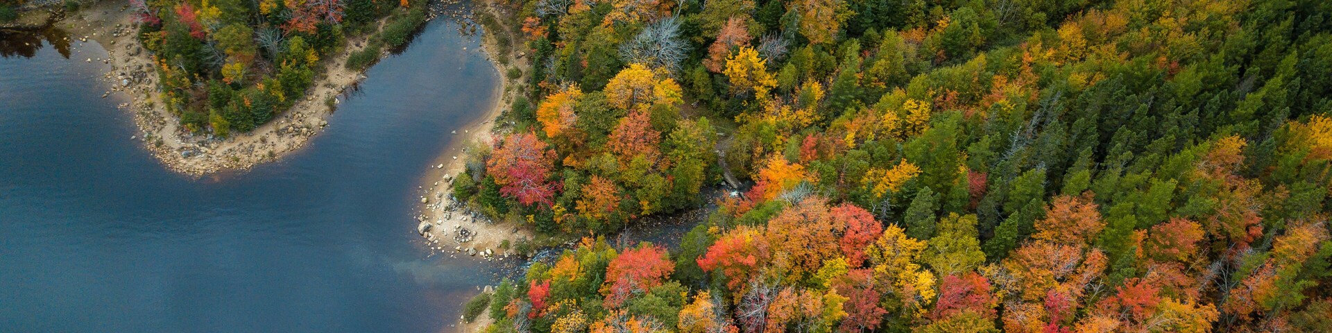Stunning aerial views of Long Lake Park, Halifax, Nova Scotia, Canada during peak fall/autumn season with mixed color deciduous trees.