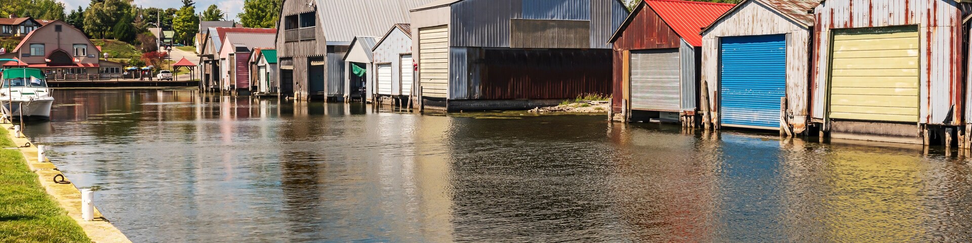 The boat houses at Port Rowan harbor on Lake Erie in Ontario, Canada.