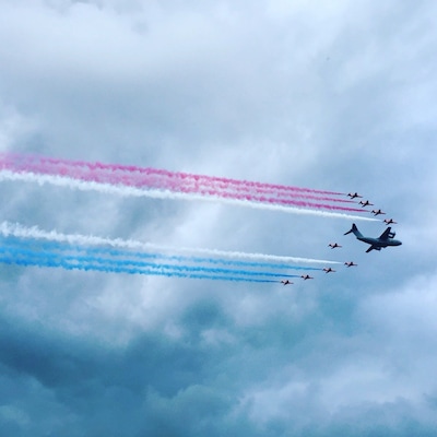 Red White & Blue - Farnborough Airshow is always worth going to! The next one is in 2018, and it occurs every other year! #RedArrows #BestofBritish #FarnboroughAirShow #Staycation #LifeAtExpedia