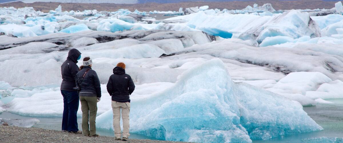 A group of people observing a glacier with icebergs in a mountainous landscape.