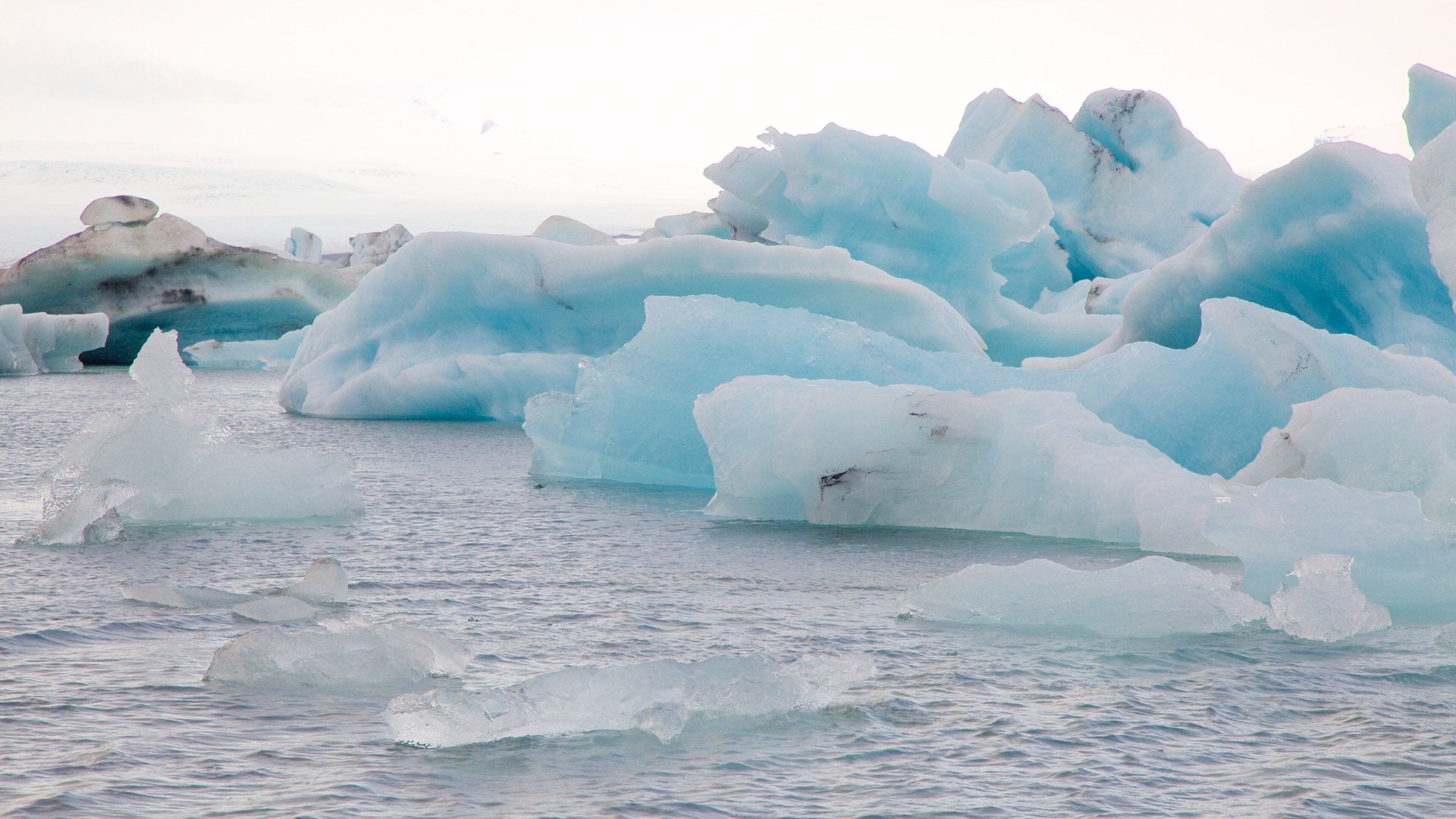 Large icebergs floating in calm waters.