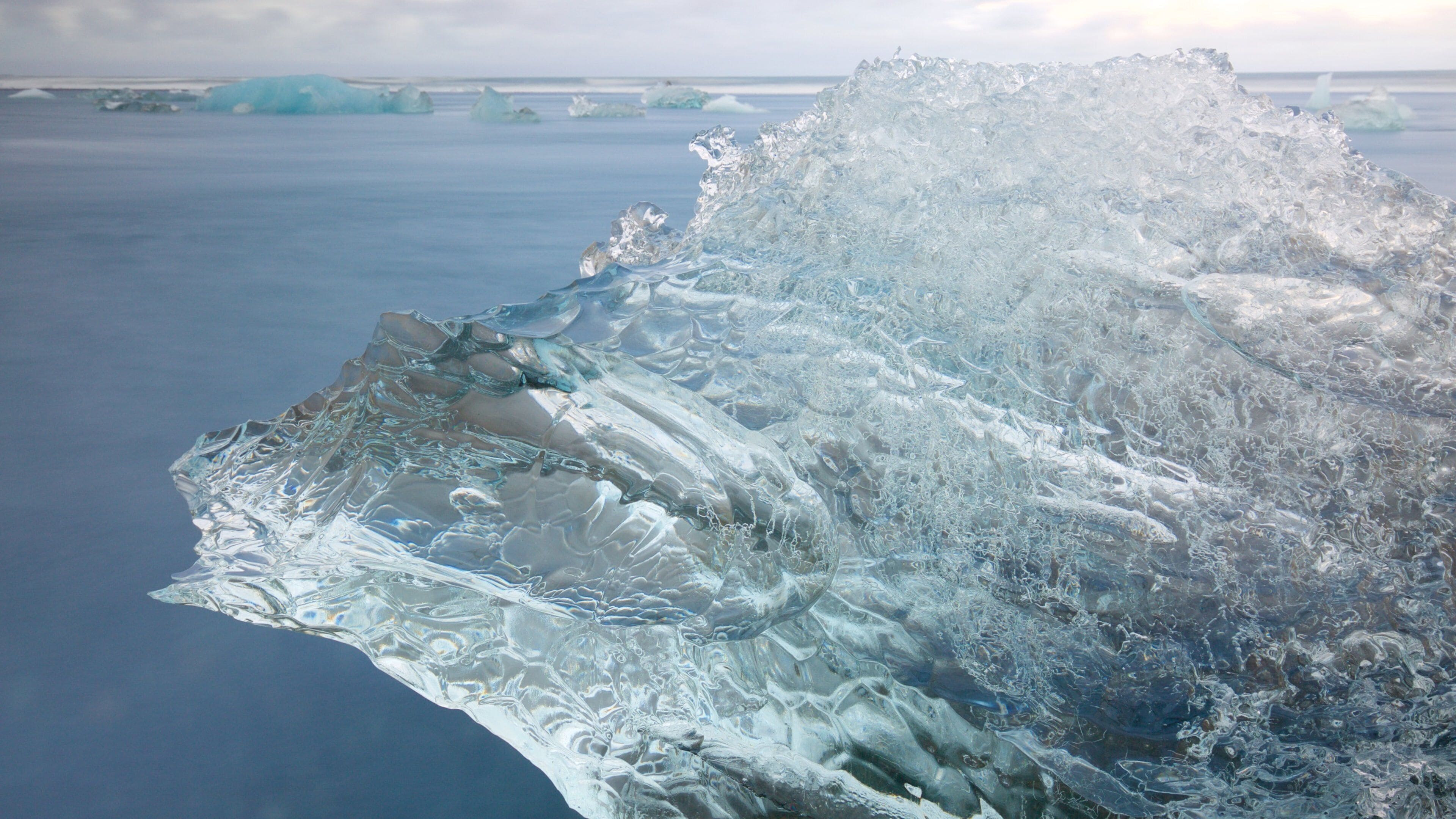 A large iceberg with intricate ice formations and a calm sea in the background.