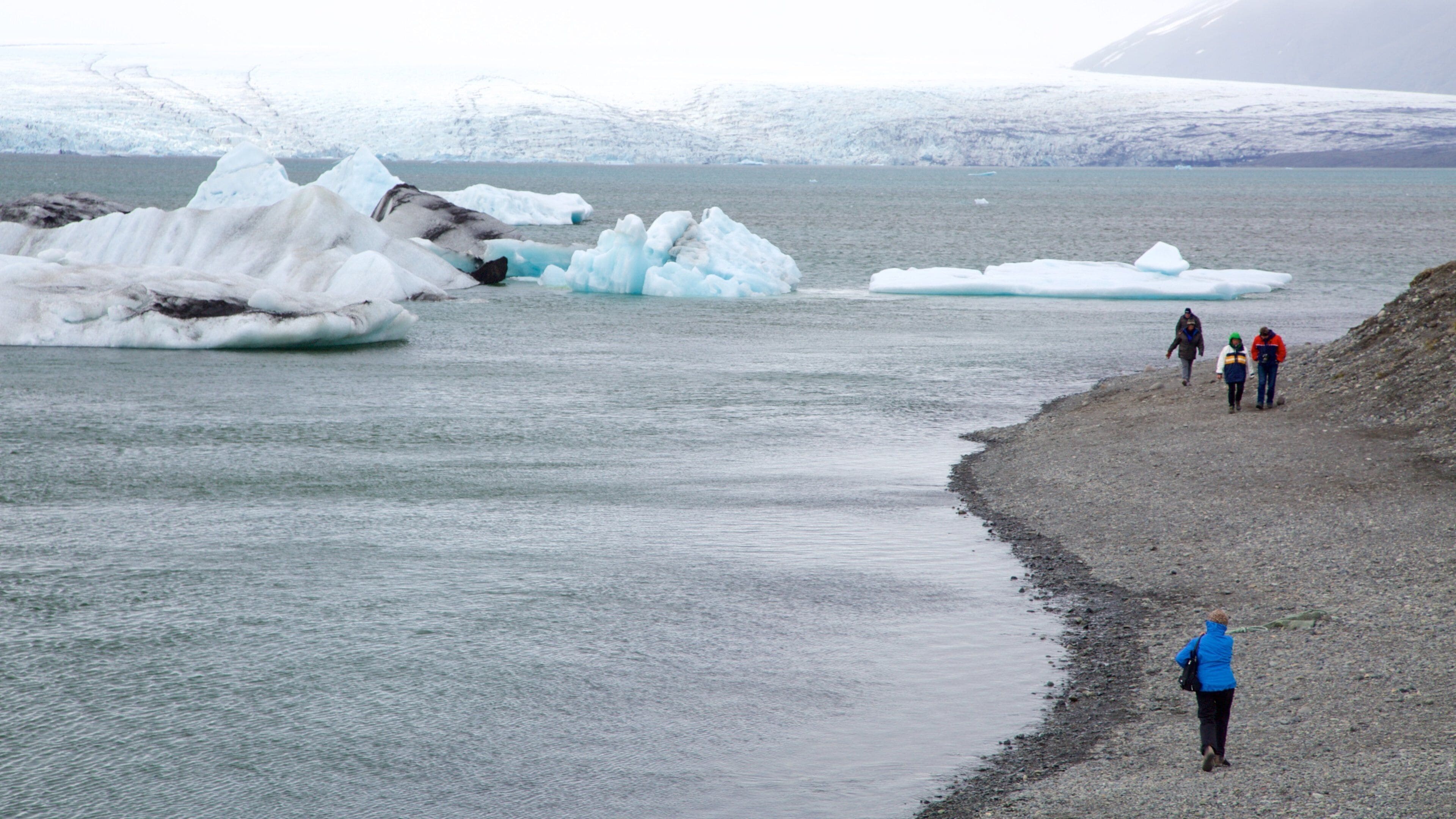 Jokulsarlon Lagoon showing general coastal views, snow and a pebble beach