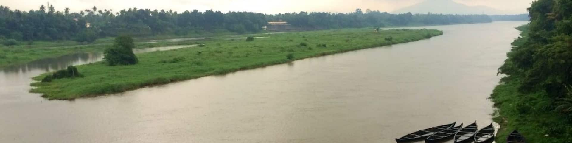 Kalady (Malayalam: കാലടി) is a census town located east of the Periyar river, in the Ernakulam district of Kerala, India. Notably, it is the birthplace of Sri Adi Shankara, and a popular destination for pilgrims. Kalady started featuring in the spiritual map of India only after its rediscovery in the late 19th century by the then Shankaracharya of Sringeri and the subsequent consecration of a temple for Sri Adi Shankara in 1910.
Kalady Kadavu (Aaraattu Kadavu)
The Kalady Kadavu is the place where the river took its turn, and where Kalady was born. It was also the place where Sankara had first performed Aaraattu (a river bath of an idol) for his ancestral deity before installing it at its current location.
Crocodile Ghat
The "Muthala Kadavu," or Crocodile Ghat, is where Sankara's life turned to Sanyasam (Ascetic life).
His mother, Aryadevi, did not agree with his desire to become a Sanyasin. Legend says that one day, Sankara was touched by a dog and, as per custom followed by the community, Sankara had to take bath. Accompanied by mother, Sankara went to river Poorna to bathe. While in the water, a crocodile caught hold of his leg. The drowning Sankara told his mother that the crocodile would leave him alone if she would allow him to take up Sanyasa. Helpless, his mother agreed, and the crocodile freed Sankara.