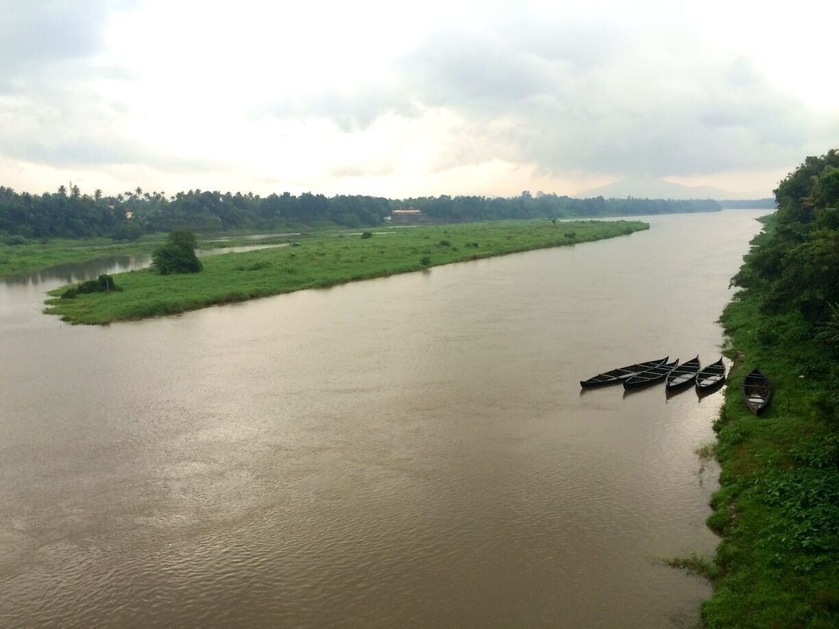 A river with boats docked on the right bank.