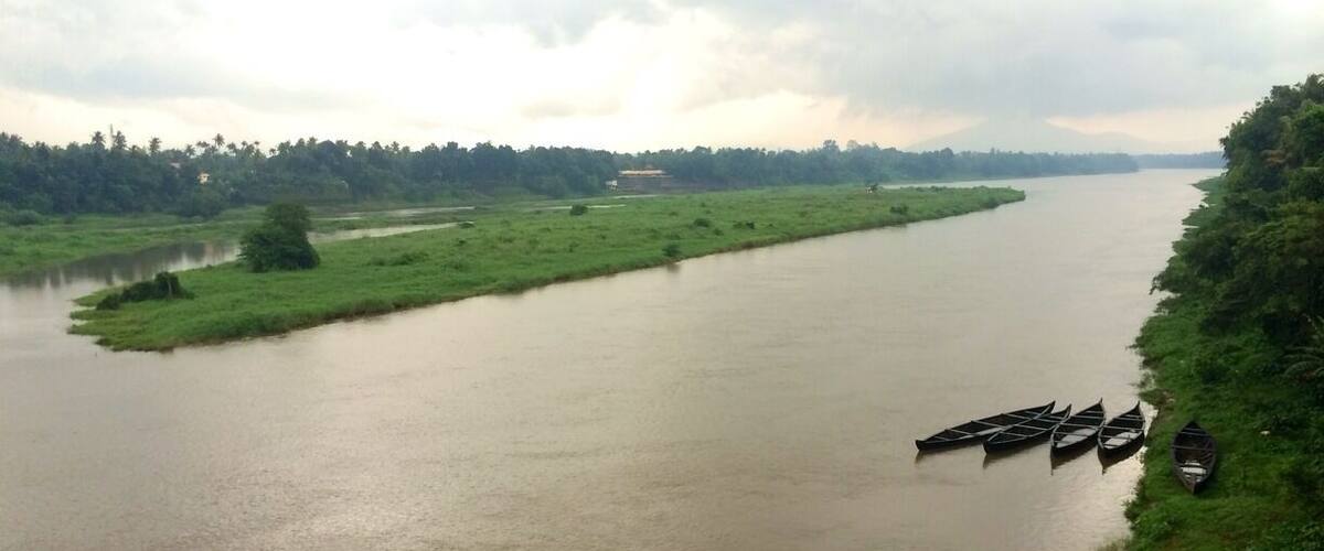 A river with boats docked on the right bank.