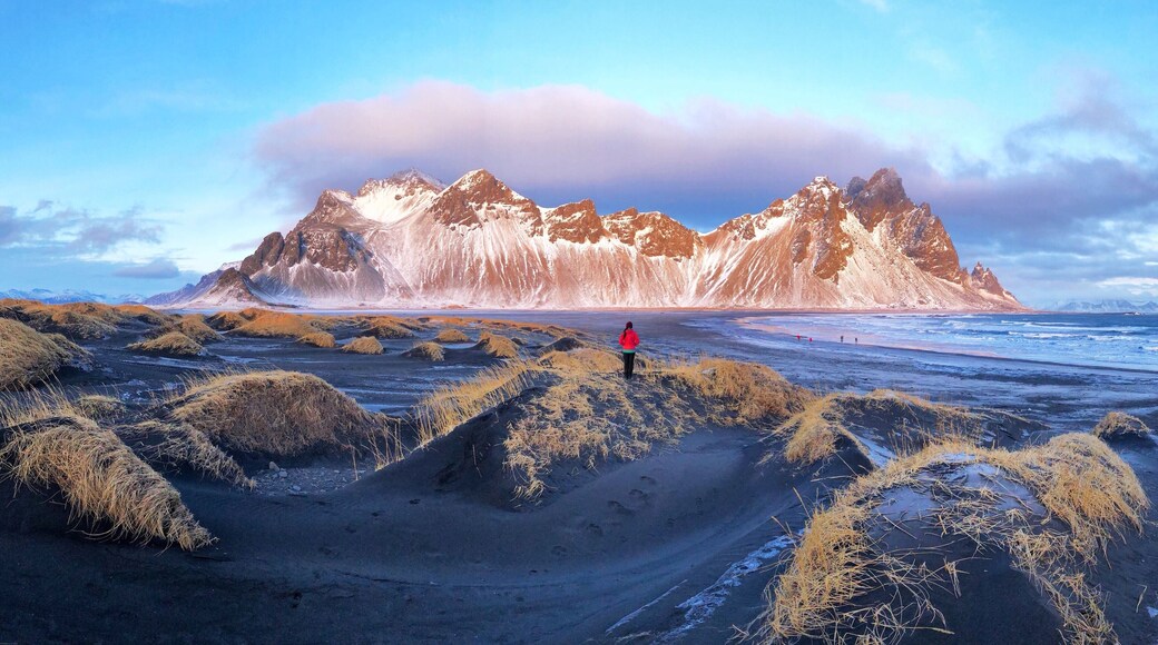 Our last sunrise in Iceland couldn’t have been more magical! We ran through the black sand dunes as the glow of the morning sun hit the majestic Vestrahorn. It was definitely worth the 6 hour drive across Iceland’s icy highways. #adventure