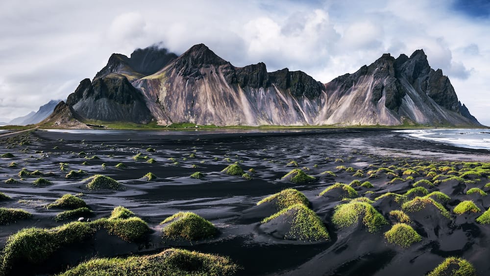 Aerial pano view of Vestrahorn, Stokksnes, Iceland