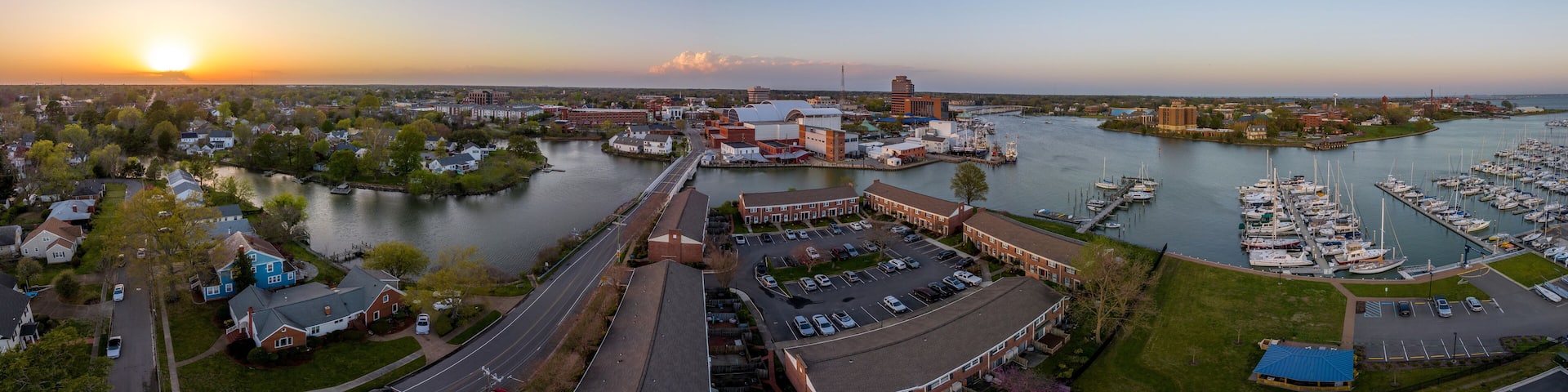 Stunning colorful sunset over Hampton Virginia with views of the harbor, air science center