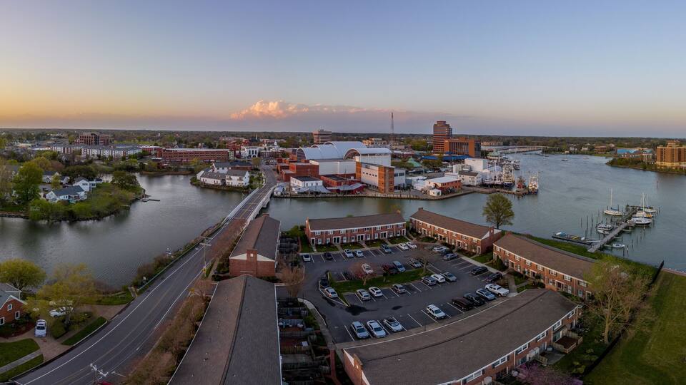 Stunning colorful sunset over Hampton Virginia with views of the harbor, air science center