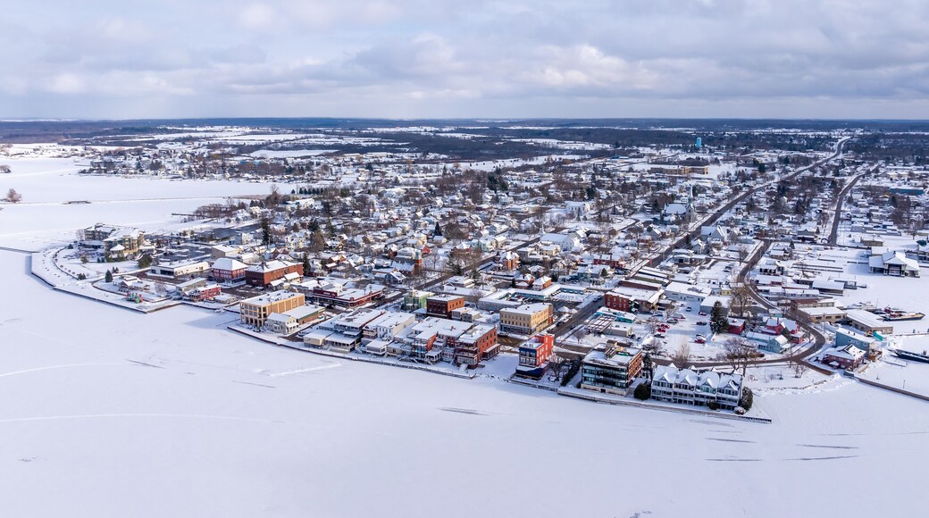 Clayton, NY, USA - 02-09-2025: Winter aerial image Clayton, NY along a frozen St Lawrence River